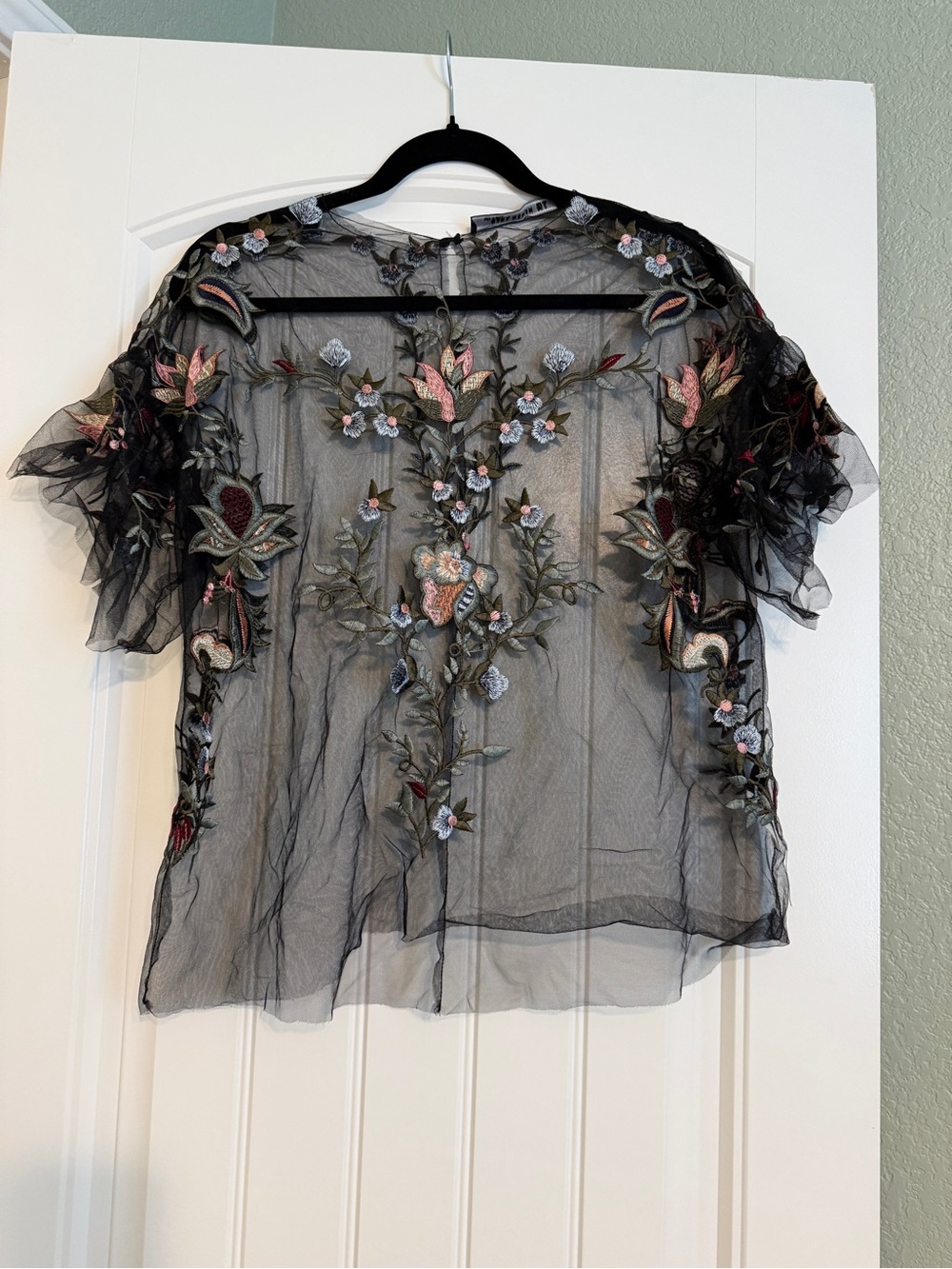 Zara Black Sheer Embroidered Floral Short Sleeve Top